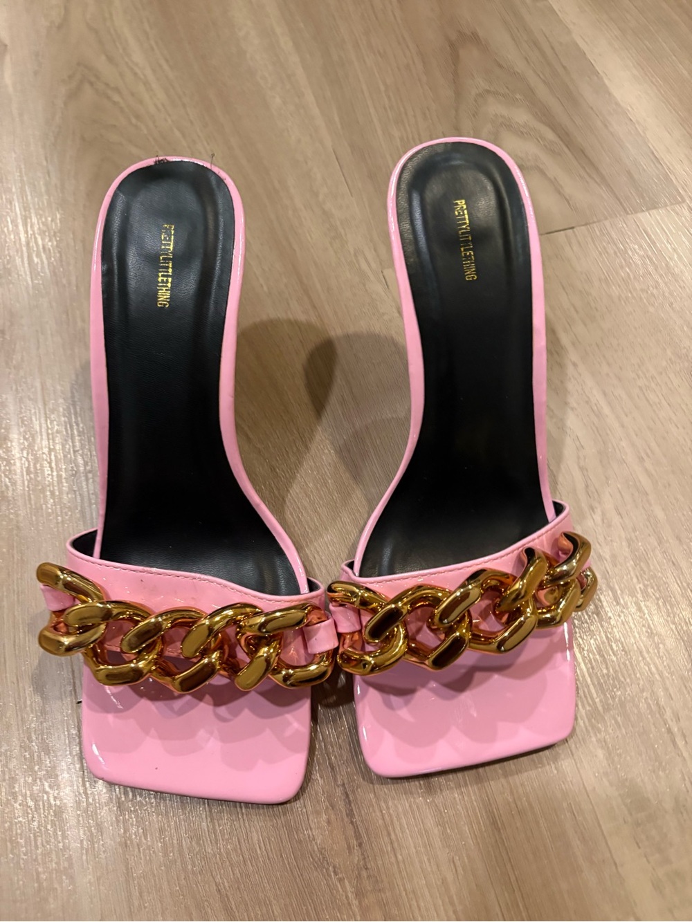 PrettyLittleThing Pink Chain-Trim Slide Heels